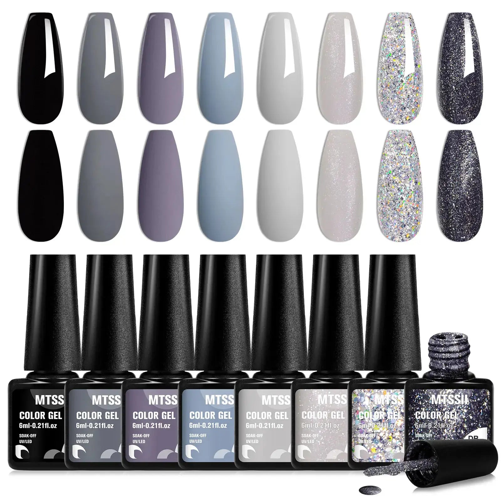 MTSS color gel nail polish set with 8 shades, glossy and glitter finishes by Simples Market
