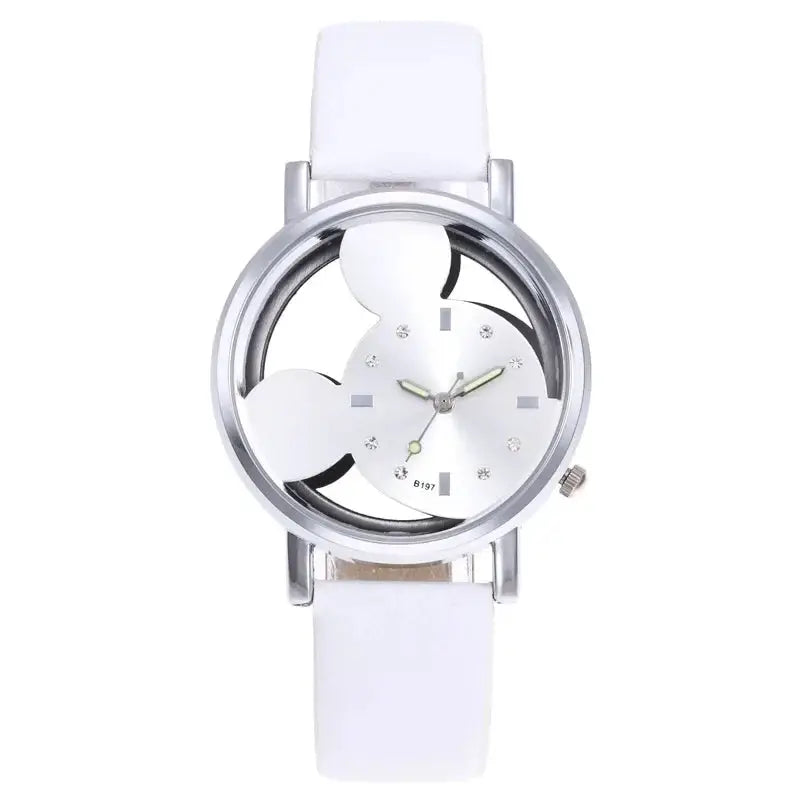Kids watch by Simples Market with white strap, silver bezel, and cartoon dial with crystal markers