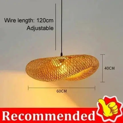 Handmade bamboo weaving LED pendant light, vintage dining room chandelier, 60cm wide, 40cm tall, adjustable 120cm cord.