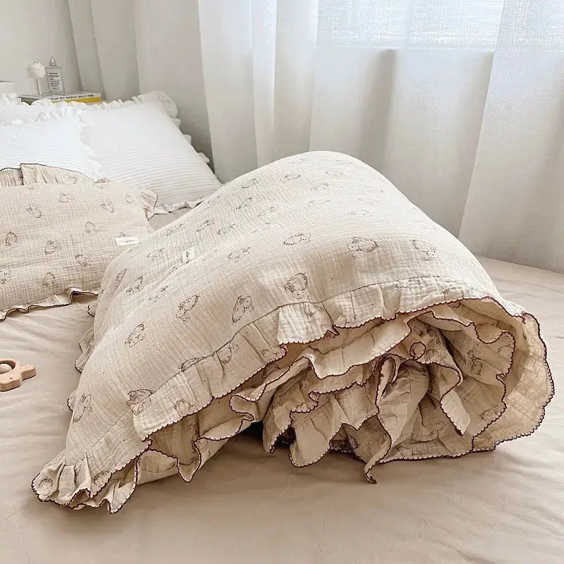 INS Princess Ruffle Edge Gauze 3Pcs bedding set by Simples Market in beige floral, 100% cotton with ruffle edges