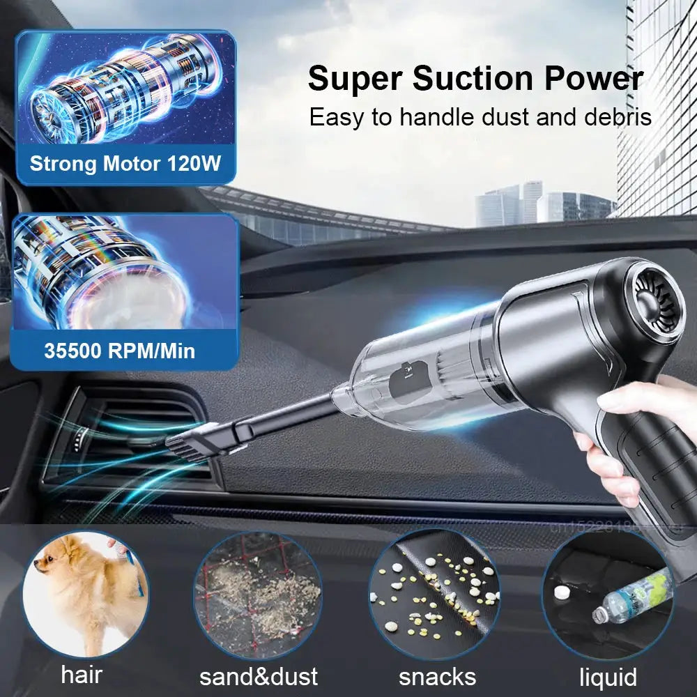 Car vacuum cleaner, wireless handheld with 95,000Pa strong suction and 120W motor for cars