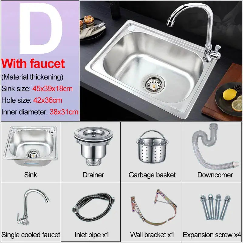 Simples Market stainless steel wall-hung sink with faucet, thickened 304 SS; includes drain, pipes, basket, and brackets