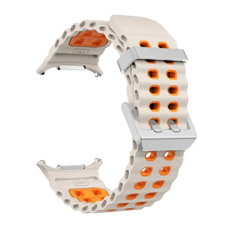 Marine band silicone watch strap for Samsung Galaxy Watch Ultra2 47mm; beige with orange perforations and metal clasp
