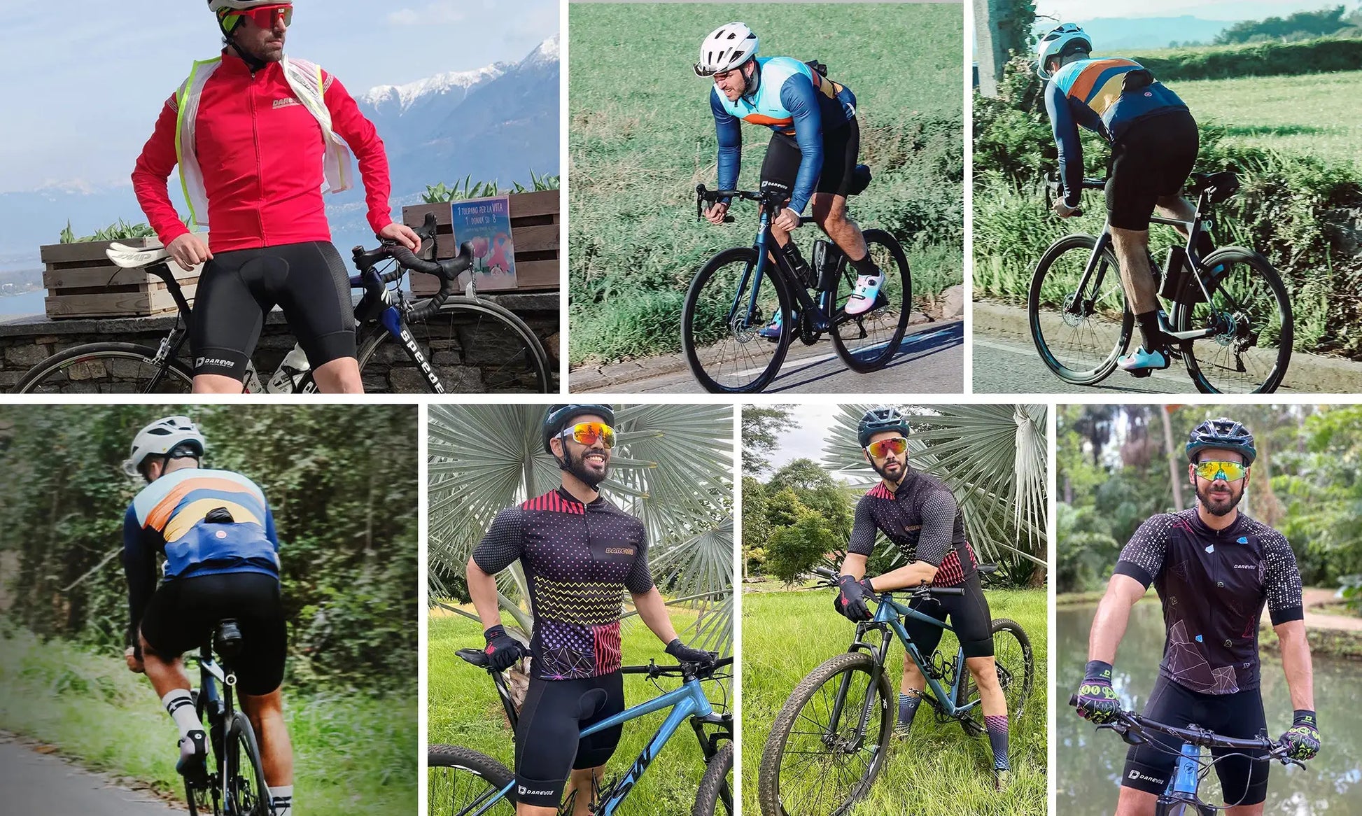 DAREVIE cycling bib shorts worn by multiple male riders; black with logo and leg grippers