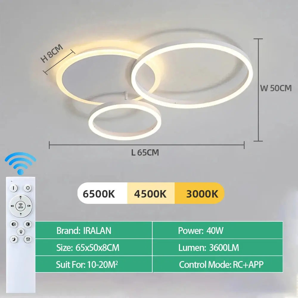 Modern LED ceiling chandelier by Simples Market with three interlocking rings, dimmable warm-to-cool white light, remote control.