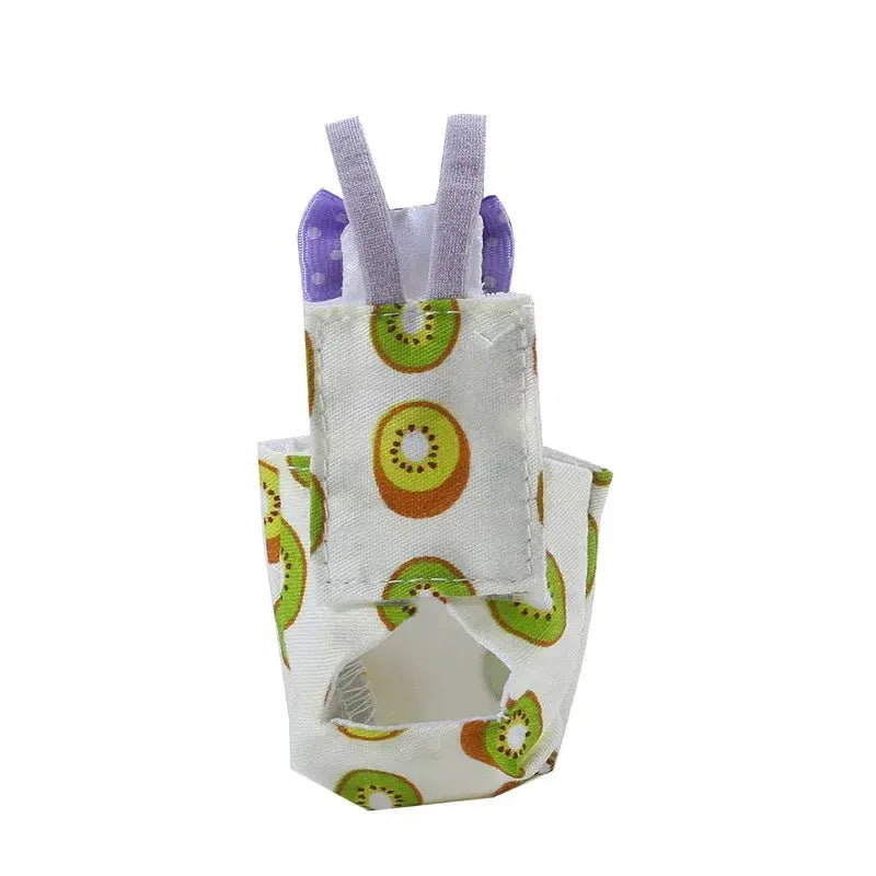 Parrot diaper with bowtie, kiwi print fabric, purple straps, washable bird flight suit by Simples Market