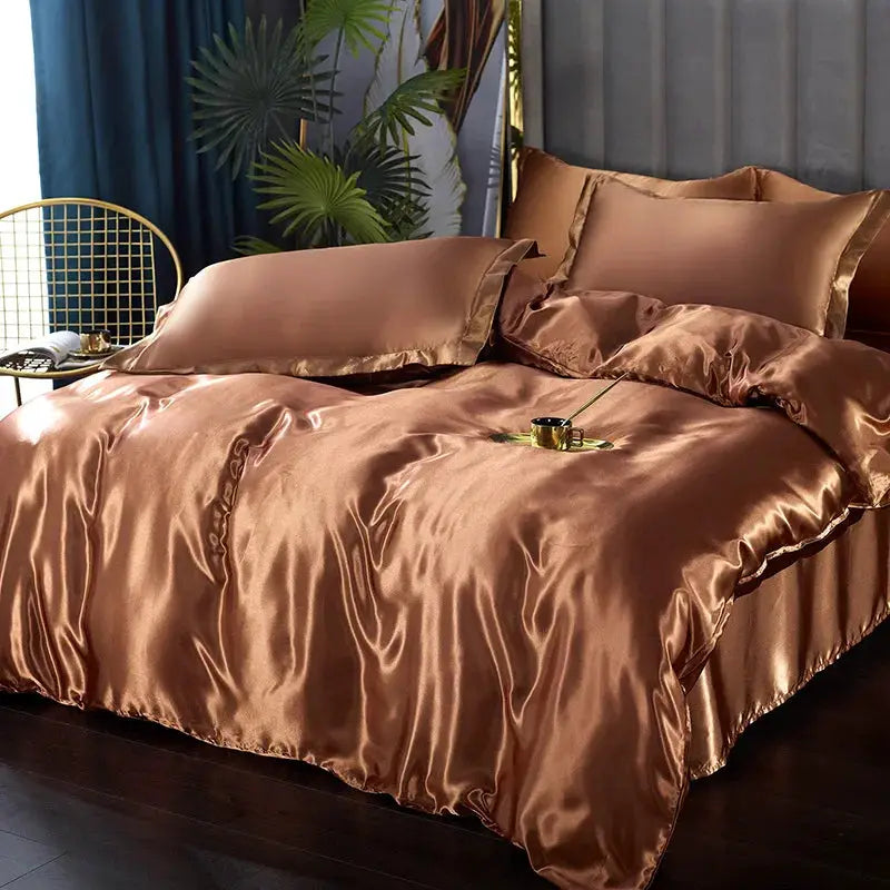 Satin bedding set by Simples Market in copper-brown with duvet cover, bed sheet and pillowcases