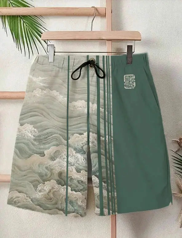 Men's swim shorts Simples Market with a 3D Japanese wave print left panel and solid green right panel, drawstring waist.