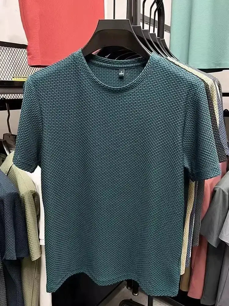 Mens Short Sleeve Mesh Bamboo Ice Silk T Shirt Casual Versatile Summer Elastic Slimming Top For Men