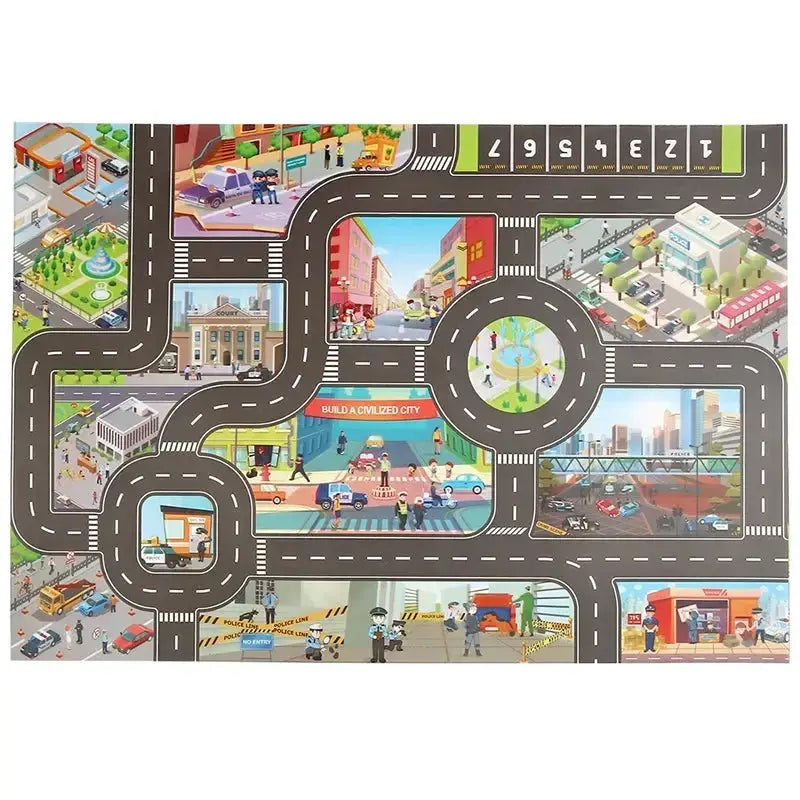 City Traffic Road Map Play Mat For Toddlers With Roads Buildings Parking Lots And Traffic Signs