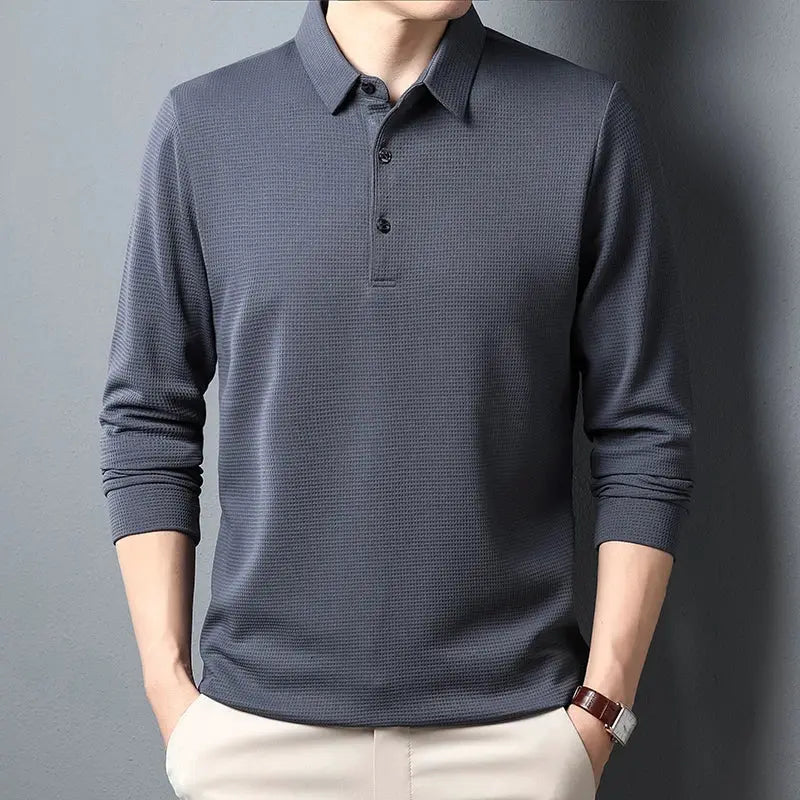 Men's business casual long-sleeve polo shirt in charcoal with textured knit fabric