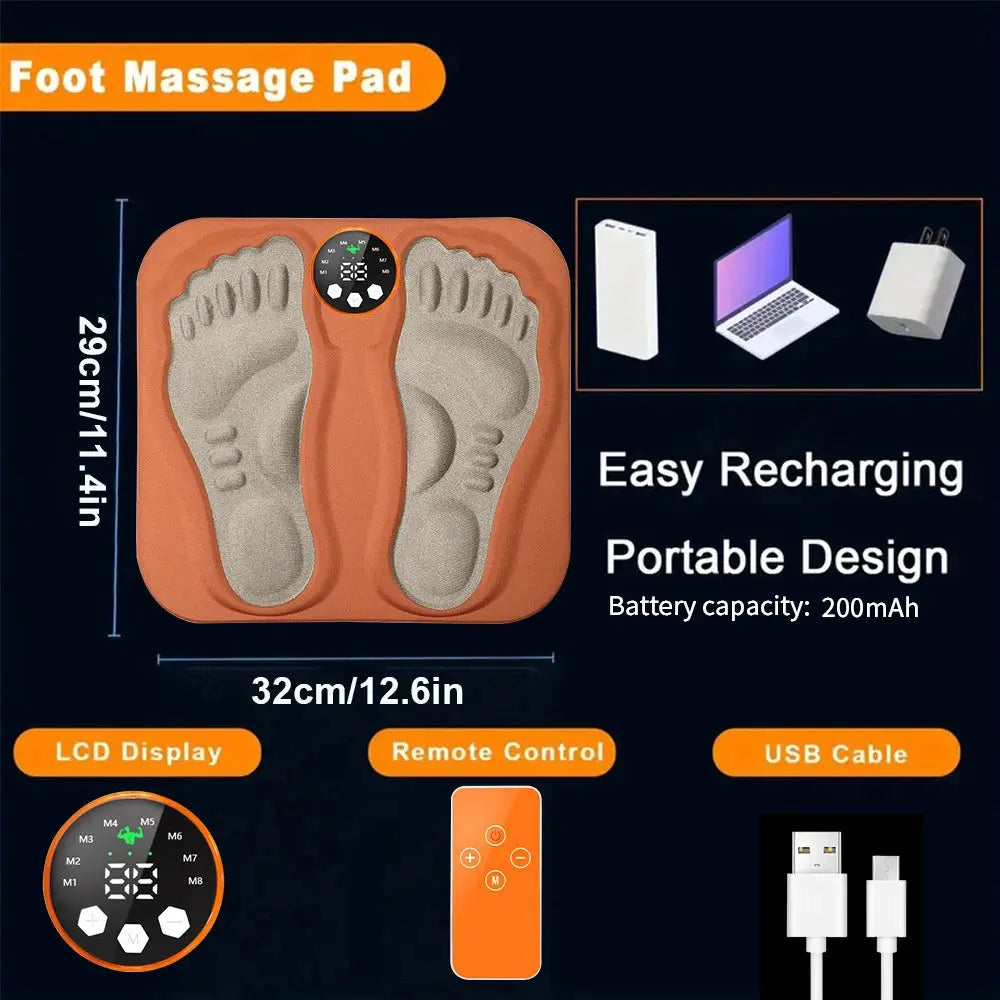 Simples Market Foot Massage Pad with orange dual foot slots, LCD display, remote, USB charging