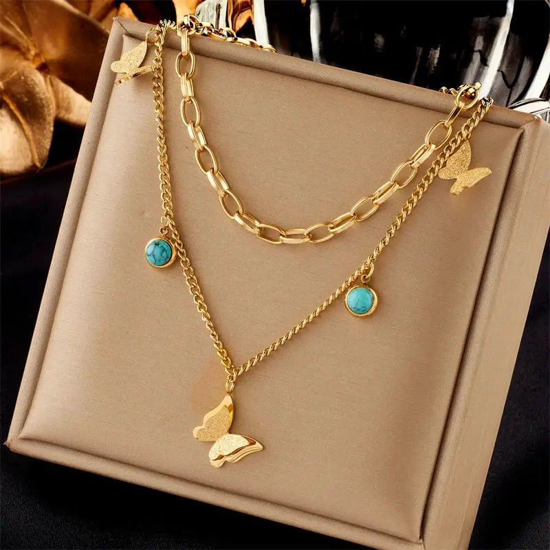 DIEYURO 316L Stainless Steel Butterfly Moon Lock Blue Eyes Pendant Necklace For Women Multilayer Choker Jewelry Gift - Simples Market