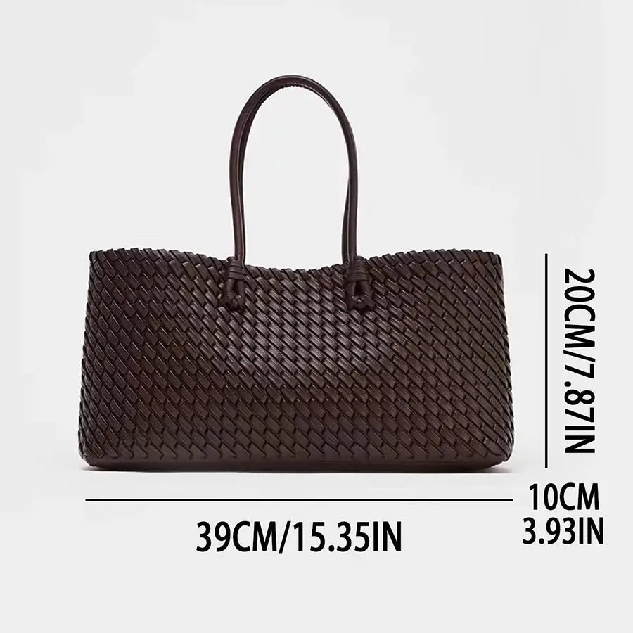Woven tote bag with double handles in dark brown, large-capacity commuter handbag