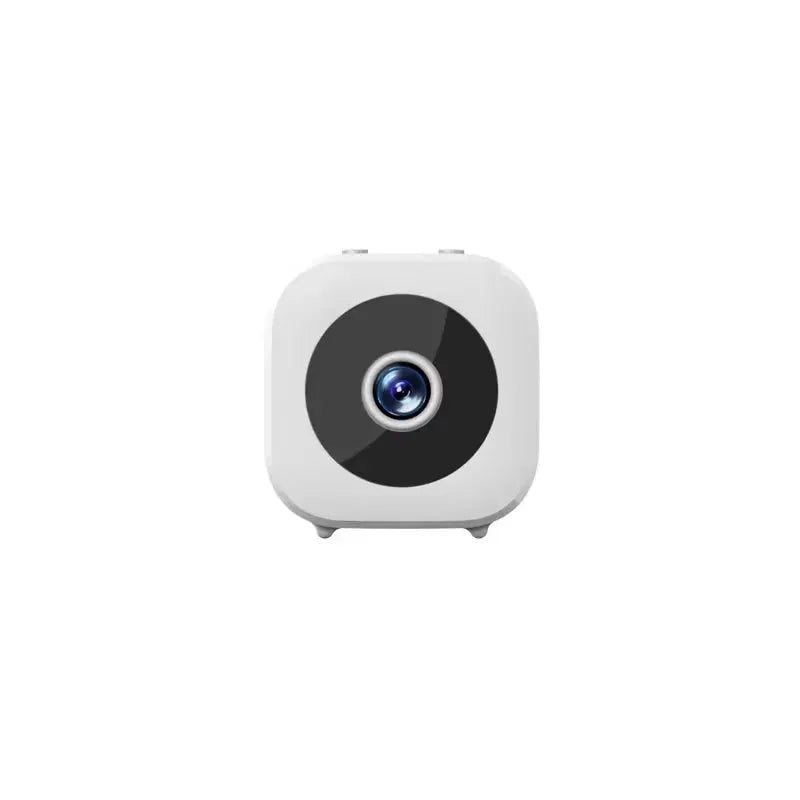 White mini security camera with rounded cube body and black lens.