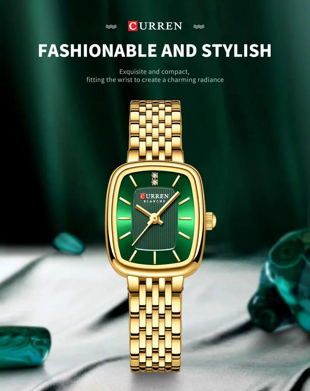Curren gold-tone women's quartz watch with green dial, diamond markers, and gold link bracelet.