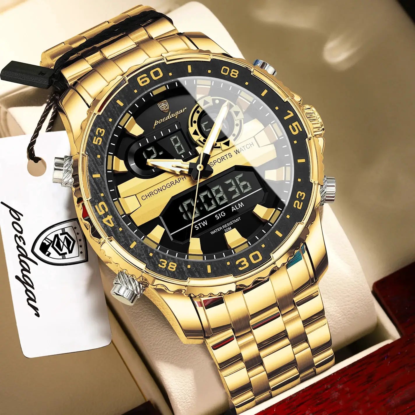 POEDAGAR gold-tone men's wristwatch with analog hands and digital LED display