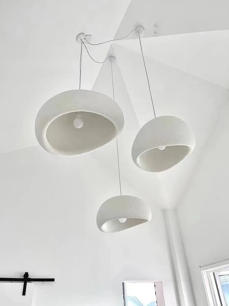 Nordic Wabi Sabi pendant lights, three white ring-shaped LED ceiling chandeliers for living room or dining room.