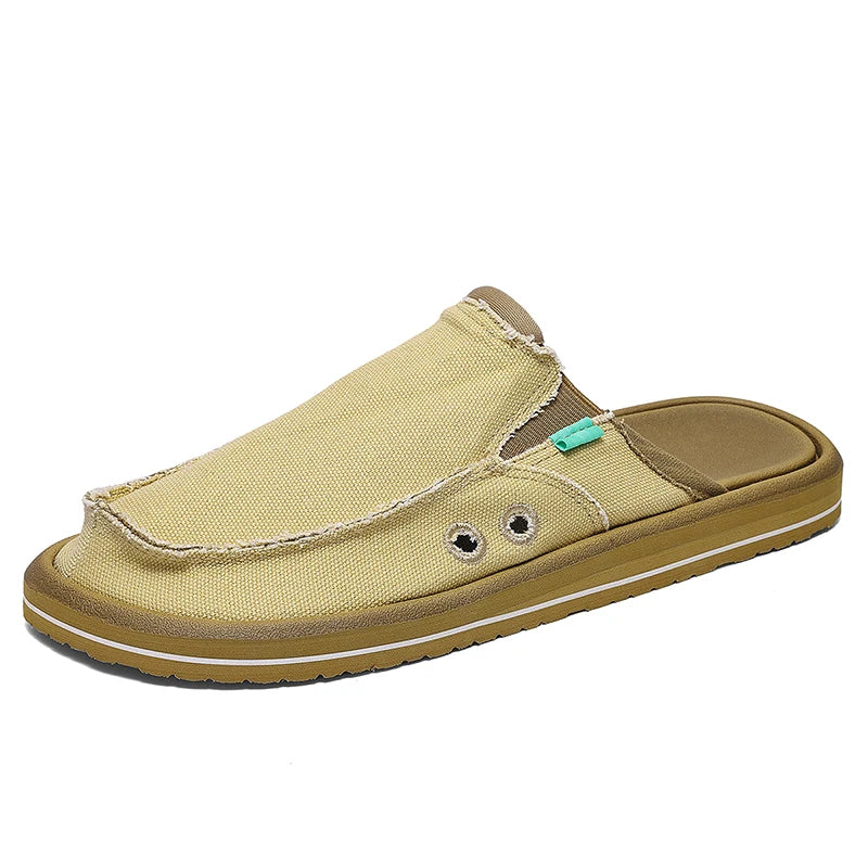 Men's beige canvas slip-on loafers by Simples Market; breathable casual low-top shoe