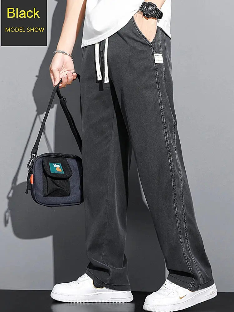 Simples Market men's black lyocell pants, loose straight casual trousers with drawstring elastic waist, plus size M-5XL