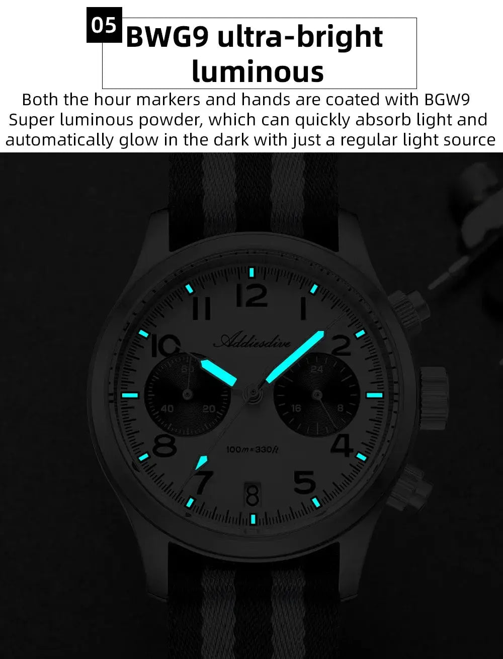 Addiesdive men's chronograph watch, blue luminous hands and markers, striped nylon strap, 100m water resistant