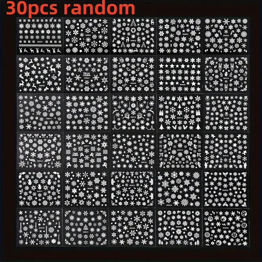 Nail art sticker sheets, 30pcs black sheets with white snowflake and snowman decals, self-adhesive
