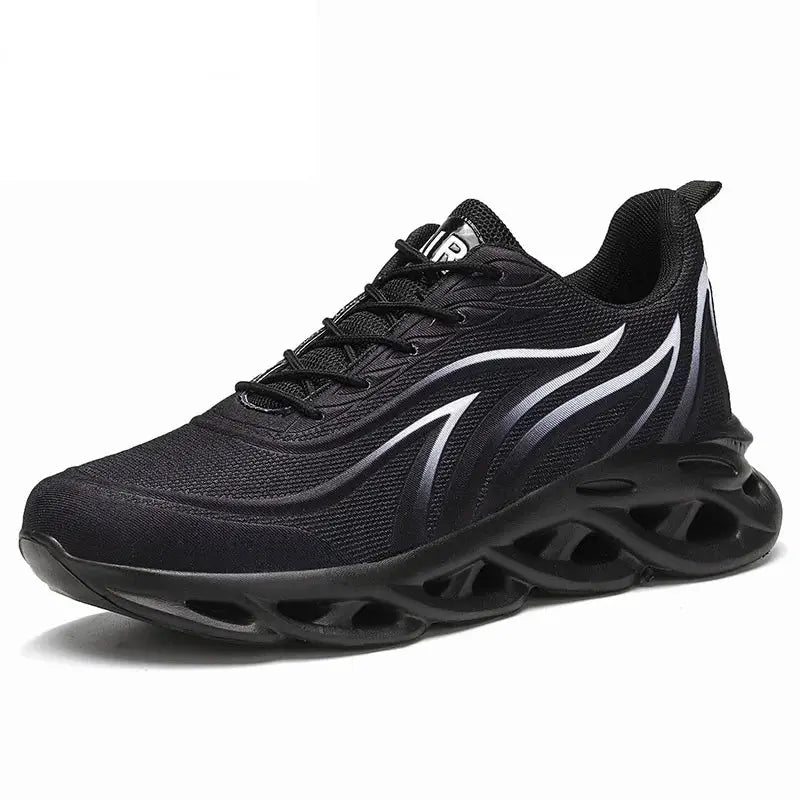 Social Shoe male mesh running sneaker, black with silver side stripes, breathable upper, textured sole