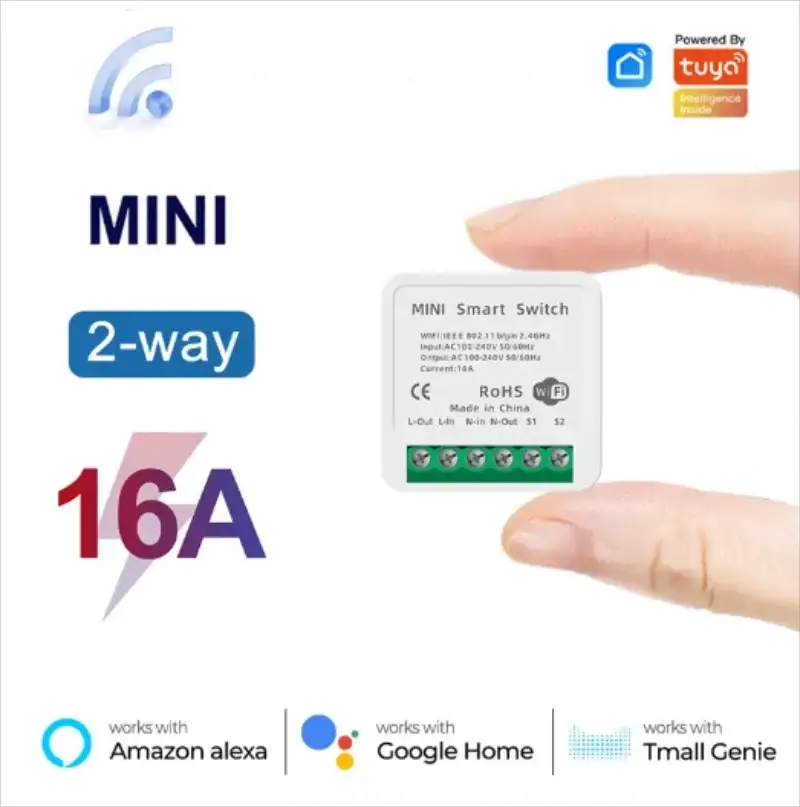 Mini 16A WiFi smart switch module by Simples Market, white with green terminals, 2-way control, works with Alexa.