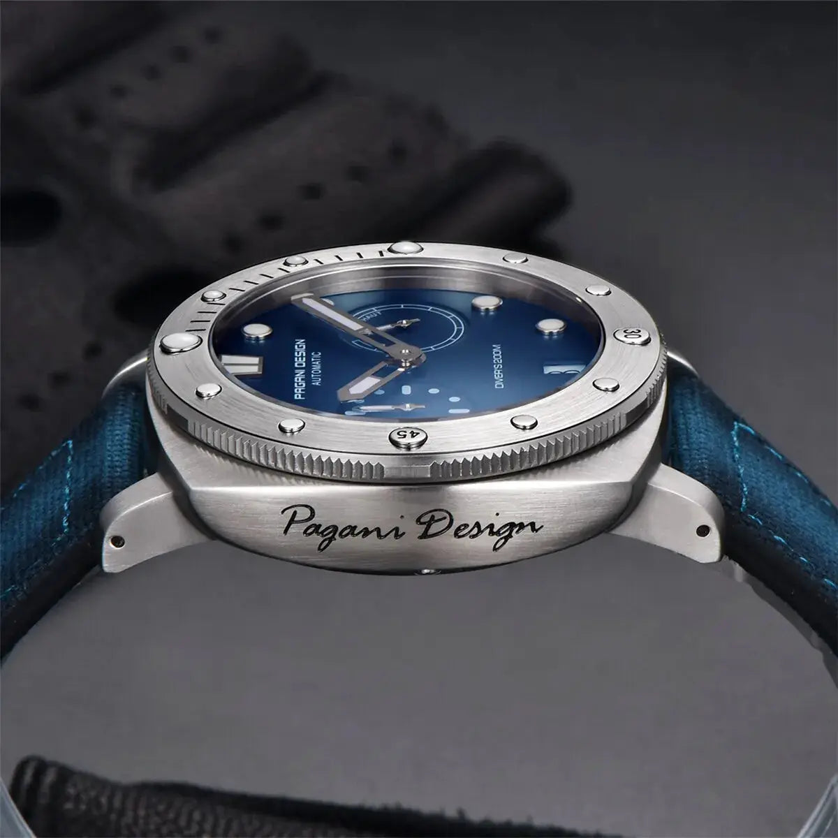 Pagani Design men's automatic watch with blue dial, stainless steel case and blue strap