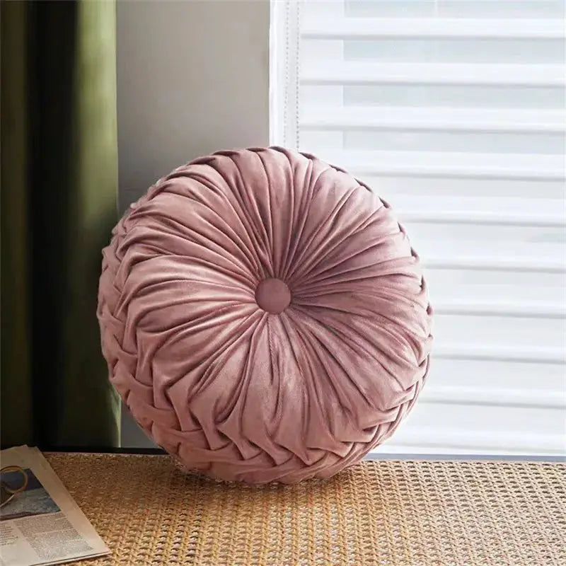 Throw pillow round pink Dutch velvet with hand-sewn pleated rosette and center button