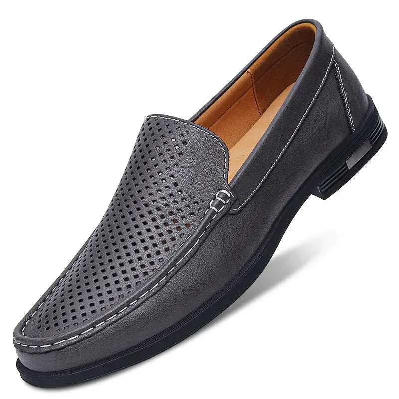 Simples Market gray leather men's slip-on loafers with perforated vamp for dress or office wear