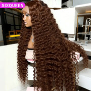 Chocolate Brown Deep Wave 13x6 Lace Front Wig Human Hair Water Wave 250 Percent Density Pre Plucked