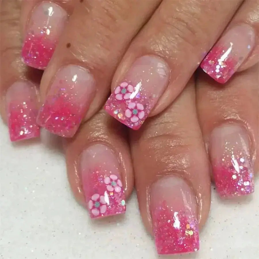 GlamNail Pro 24Pcs Short Square Coffin Press On Nails Set With Glue French Glitter Ballet Style