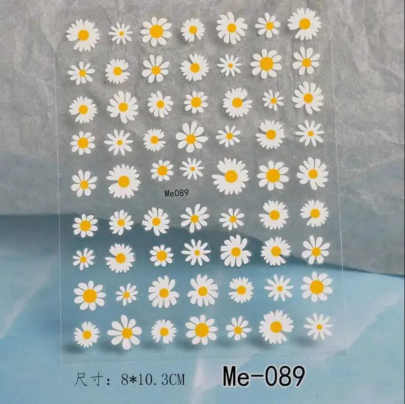 1pc nail charm sheet with white daisy decals on clear backing, yellow centers, Me089, 8x10.3 cm