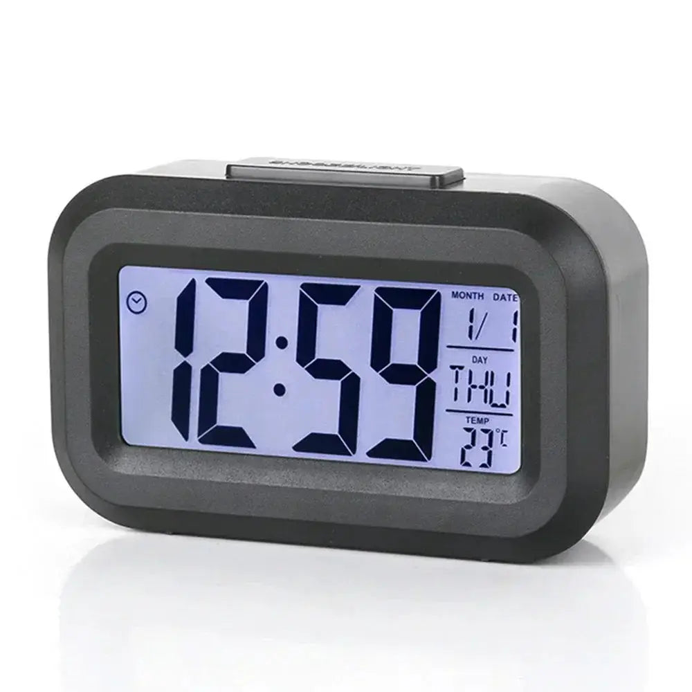 LED digital alarm clock with blue backlight, calendar and temperature display, black desktop clock by Simples Market