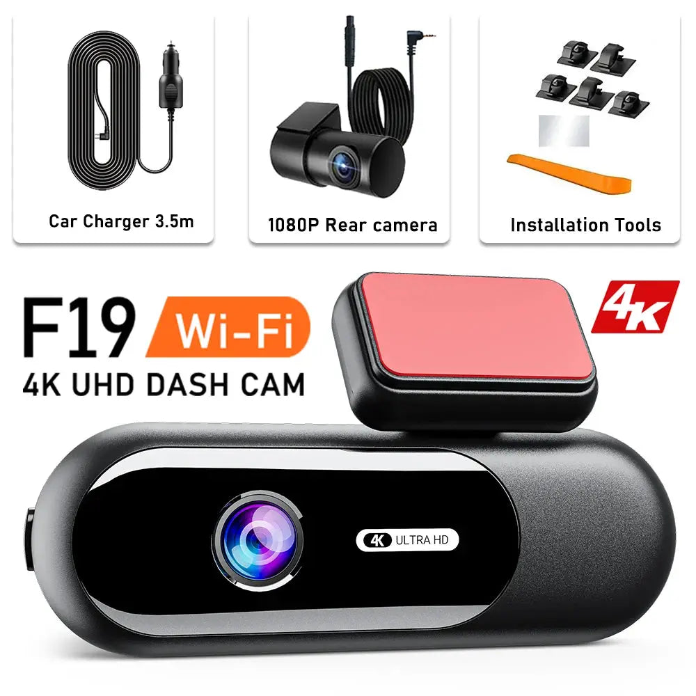 F19 4K UHD dash cam with front and rear cameras, HDR night vision, Wi-Fi; includes 3 accessories