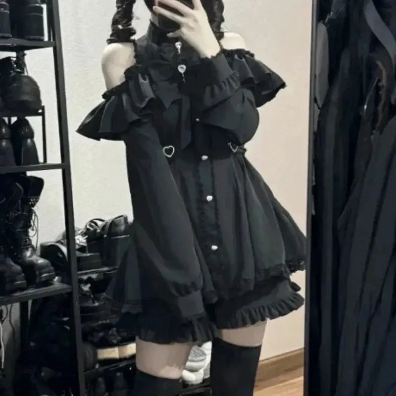 Japanese Gothic Lolita Dress Set Women Harajuku Y2K Bow Lace Ruffles