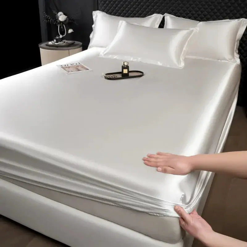 Mulberry silk fitted sheet set, 3pc, white with pillowcases; luxury solid-color silk bed linen