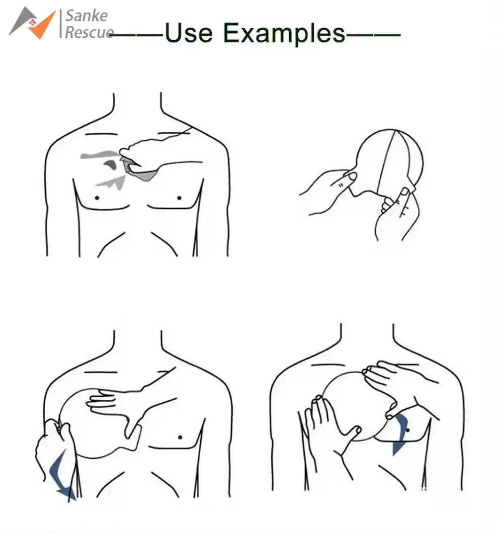 Chest seal life-saving wound care by Simples Market; four-panel emergency application diagram.