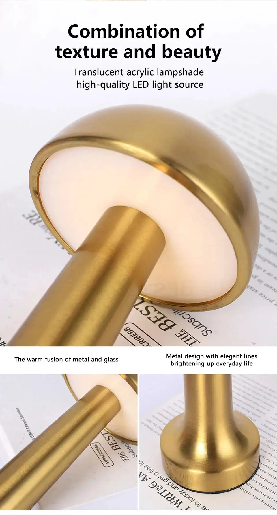 LED table light by Simples Market; gold metal touch lamp with round base
