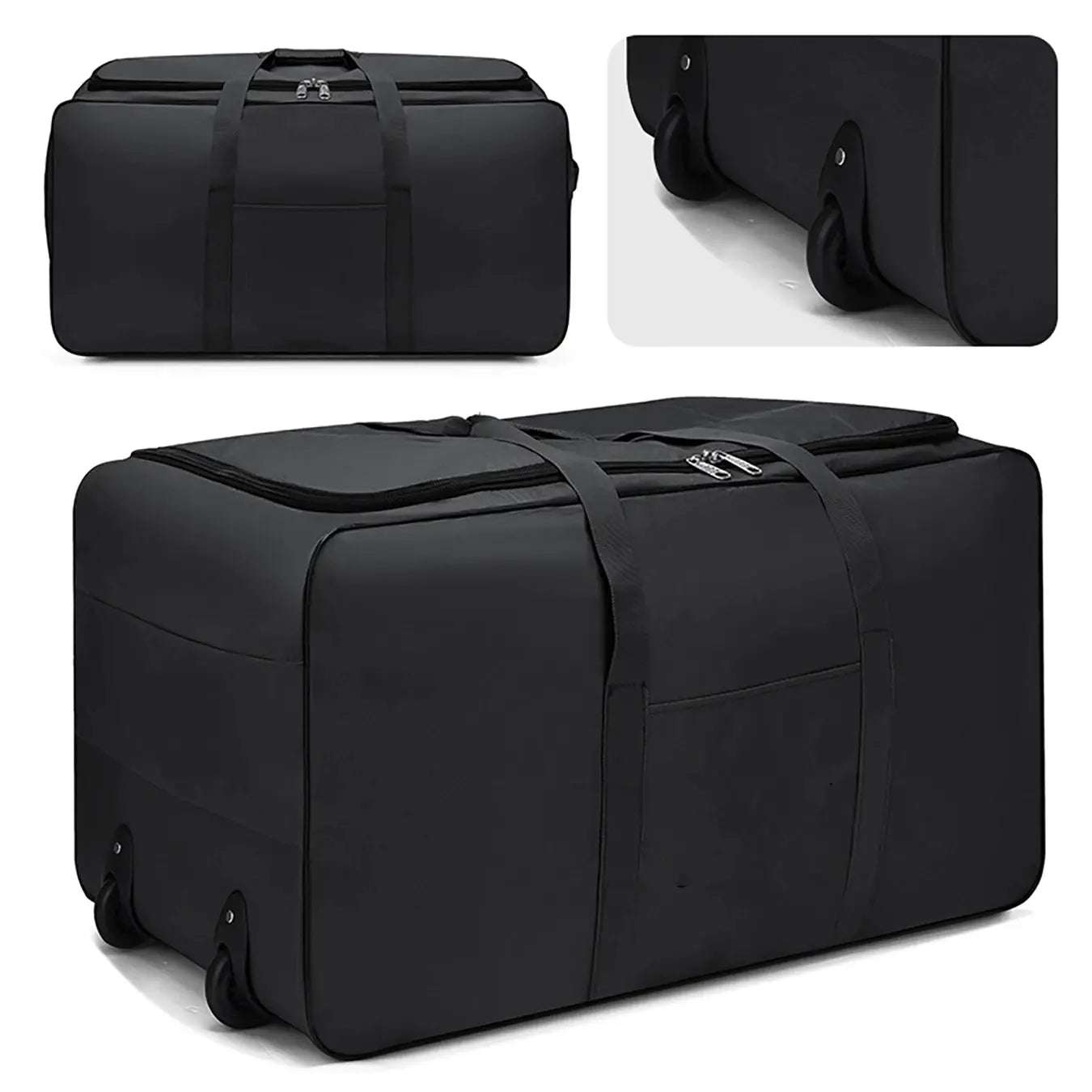 Foldable luggage storage bag with wheels, black, large-capacity carry-on trolley suitcase.