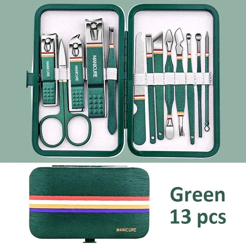 Green 13-piece stainless steel manicure set in a folding metal case with scissors and nail clippers