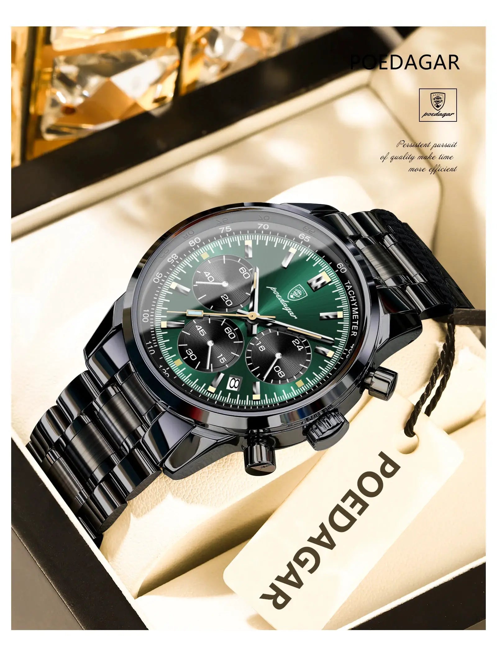 POEDAGAR men's luxury stainless steel watch with green dial, chronograph, in a black gift box