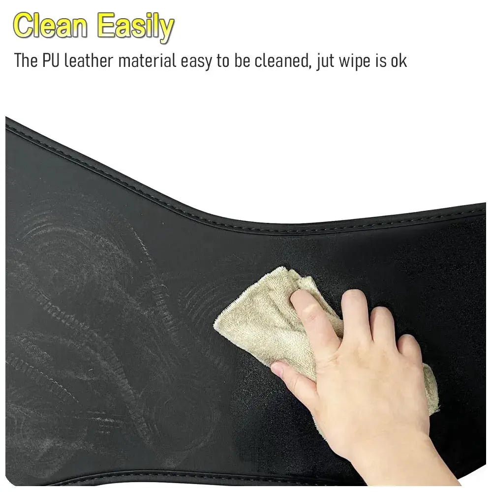 Tesla Model Y trunk mat by Simples Market; black PU leather, easy-clean surface being wiped with beige cloth