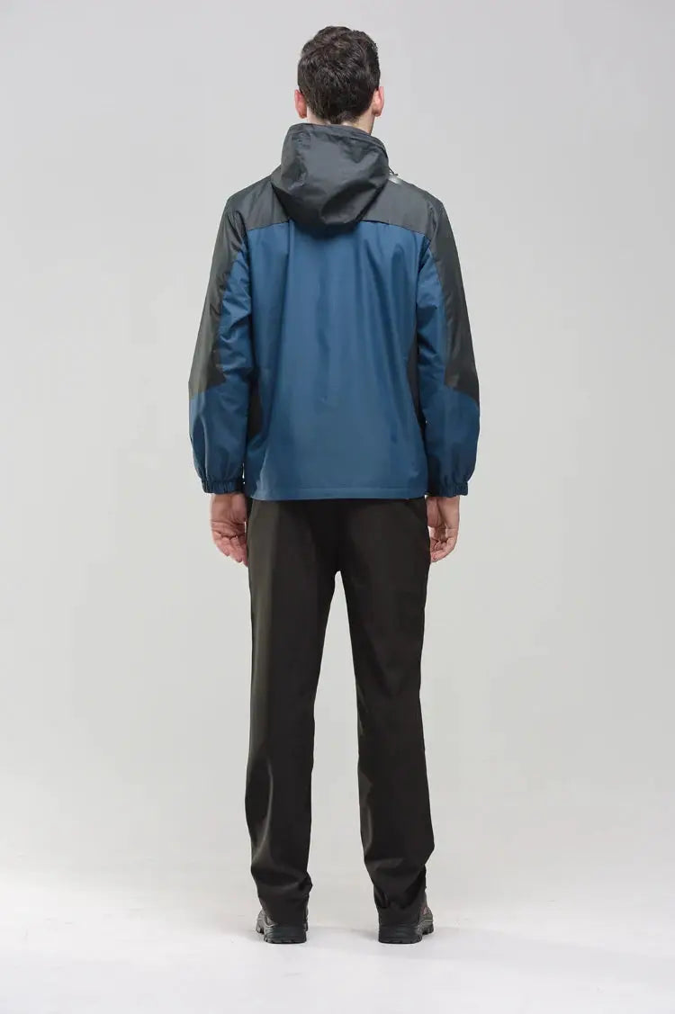 TRVLWEGO camping hiking jacket for men, blue with dark gray hood, waterproof windbreaker