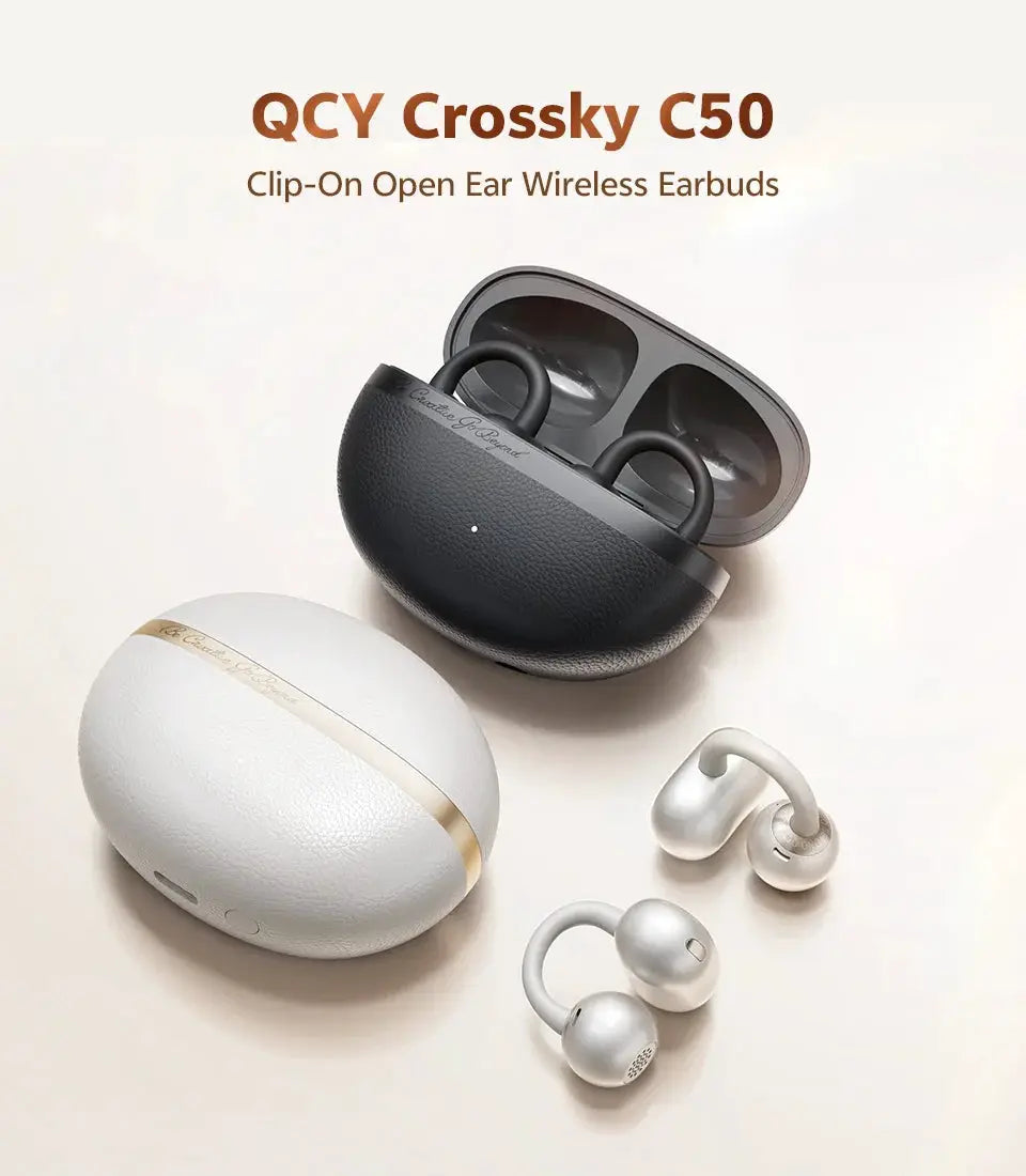 QCY Crossky C50 open-ear wireless earbuds with charging case; black earbuds and white case shown