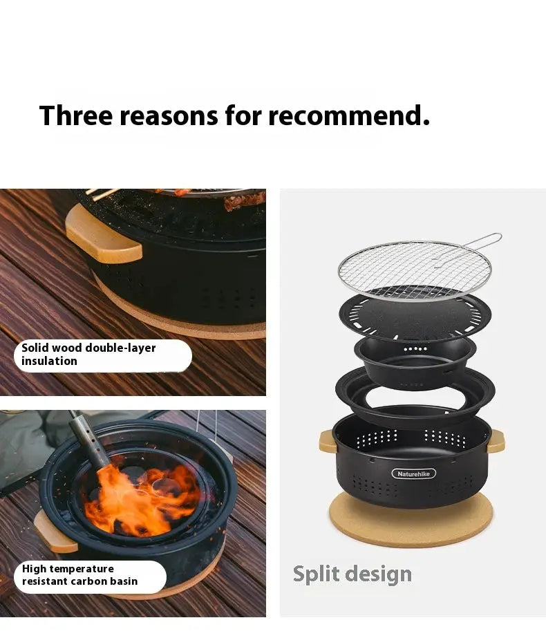 Naturehike outdoor tabletop barbecue stove with split design; black stackable pots and wooden handles