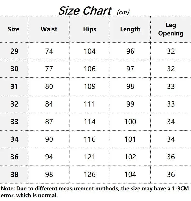 Yu Wenle Amekaji cargo workwear pants size chart; waist, hips, length and leg opening, sizes 29–38.