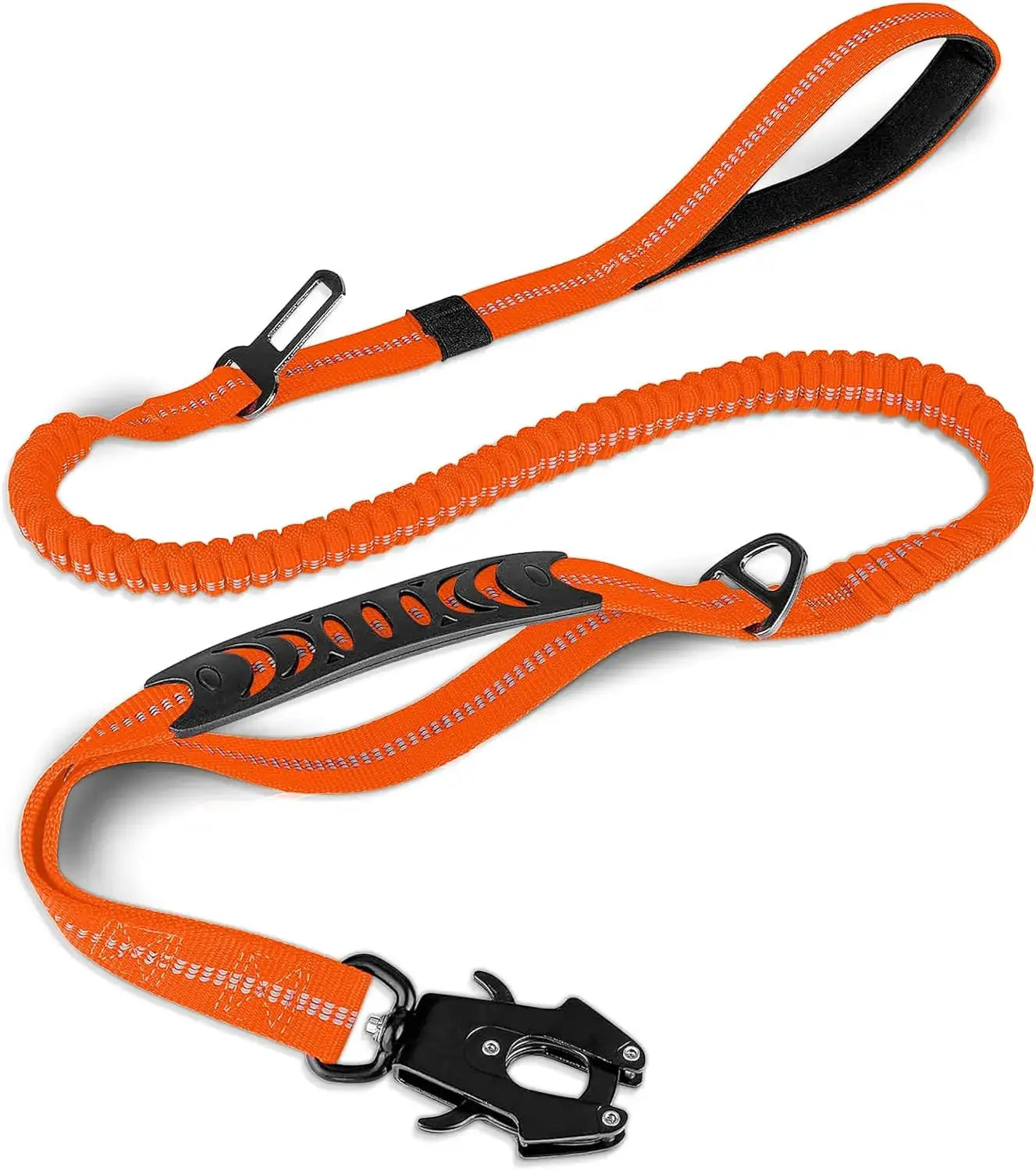 Reflective orange bungee dog leash with car-seatbelt handle for large dogs; heavy-duty no-pull