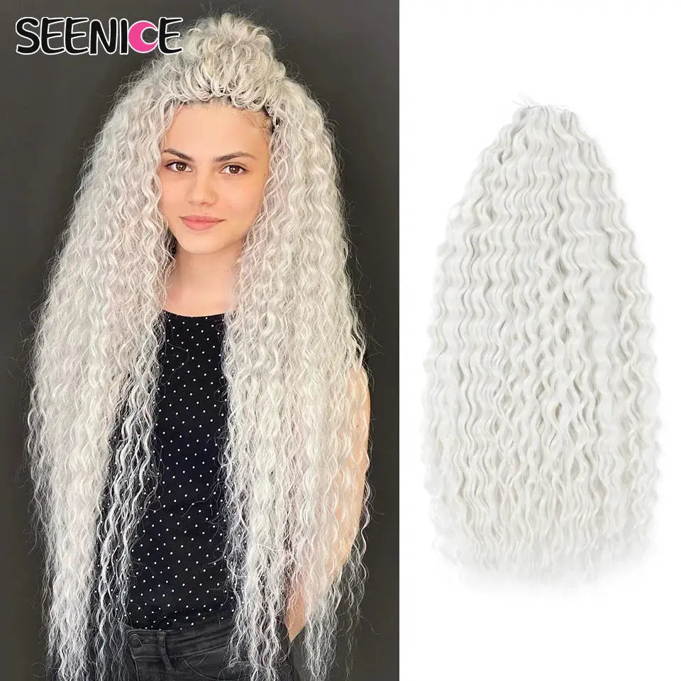 Ariel Curl crochet hair extension, 22in water-wave silver ombre; two-panel display.